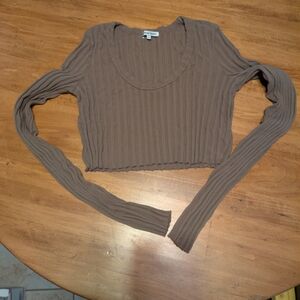 Cotton Citizen Ribbed Long-Sleeve Crop Top in Taupe